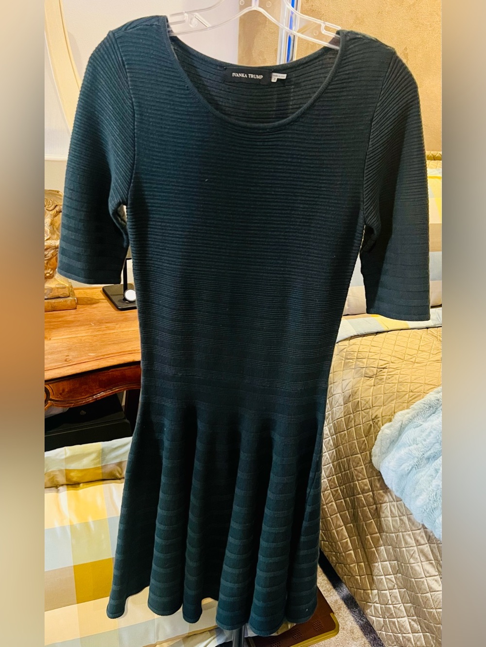 Classic Ivanka Trump Design dark green Textured Scoop Neck Fit-and-Flare Dress